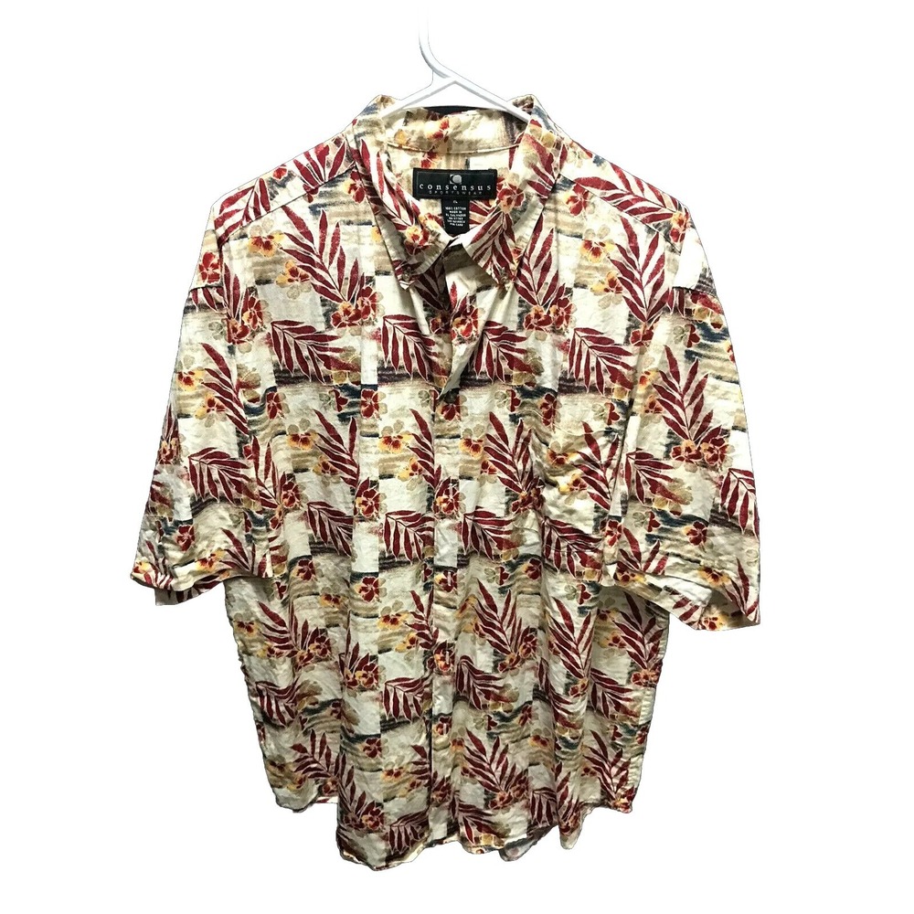 Hawaiian Shirt Men's Button Down Size XL Floral Leaf Consensus Sportswear
